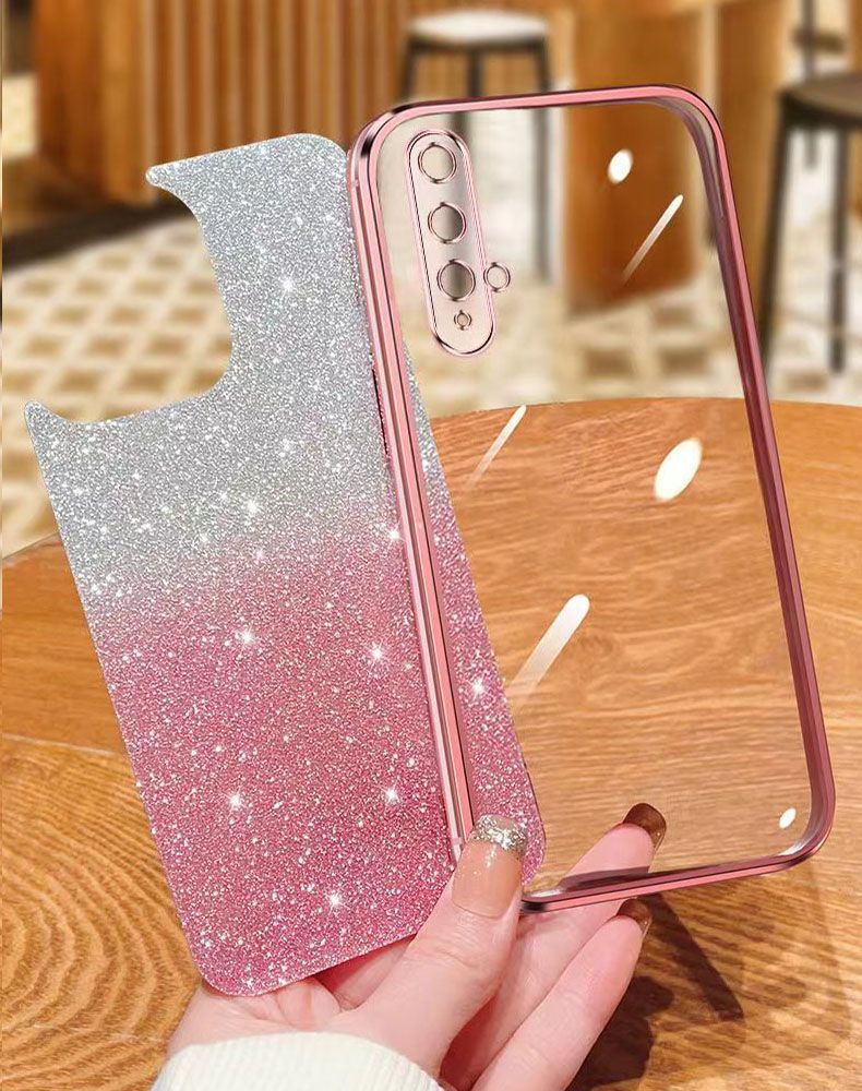 New - Transparent With Glitter Paper 2 in 1 Precision Hole Lens Phone Case (For Huawei Nova 5T / Honor 20) Pearl Bear Support Protective Back Cover