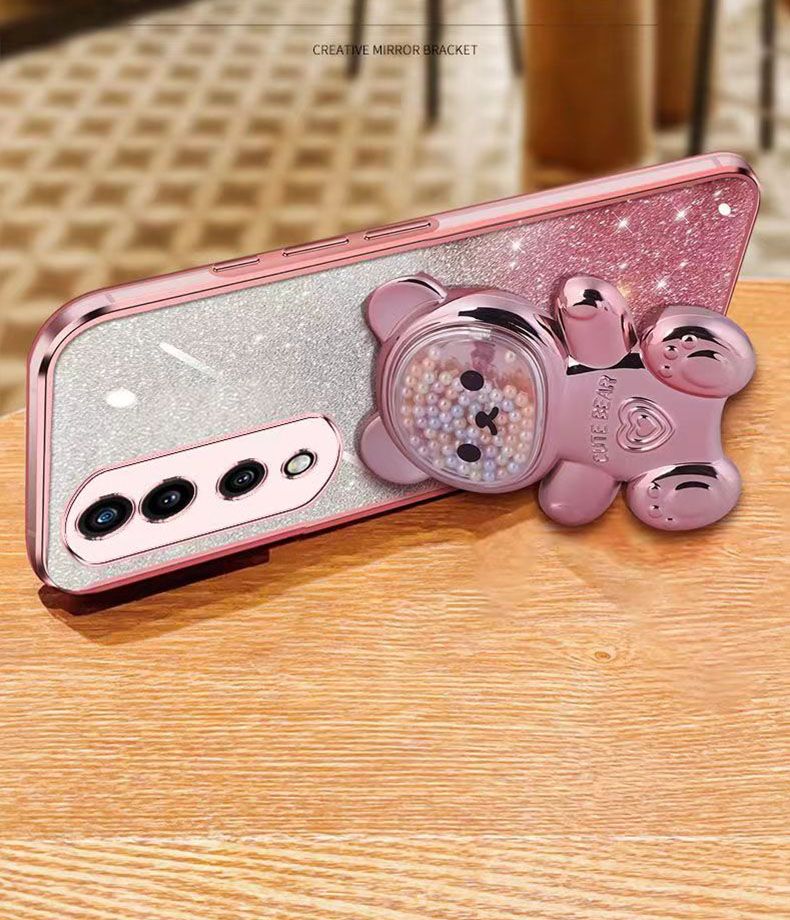 New - Transparent With Glitter Paper 2 in 1 Precision Hole Lens Phone Case (For Honor 70 Pro -5G/Honor 70 Pro+ -5G) Pearl Bear Support Protective Back Cover