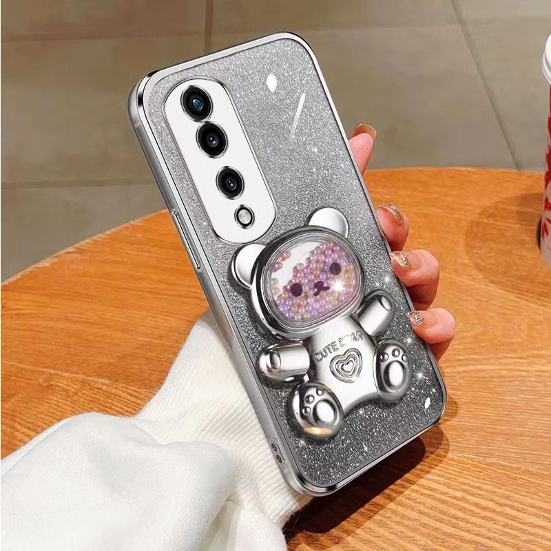 New - Transparent With Glitter Paper 2 in 1 Precision Hole Lens Phone Case (For Honor 70 Pro -5G/Honor 70 Pro+ -5G) Pearl Bear Support Protective Back Cover