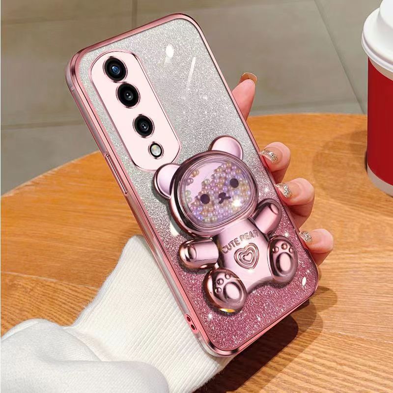 New - Transparent With Glitter Paper 2 in 1 Precision Hole Lens Phone Case (For Honor 70 Pro -5G/Honor 70 Pro+ -5G) Pearl Bear Support Protective Back Cover