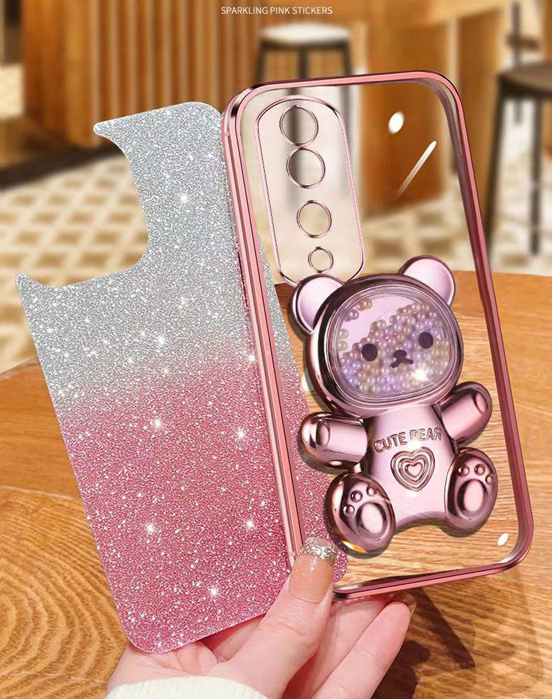 New - Transparent With Glitter Paper 2 in 1 Precision Hole Lens Phone Case (For Honor 70 Pro -5G/Honor 70 Pro+ -5G) Pearl Bear Support Protective Back Cover
