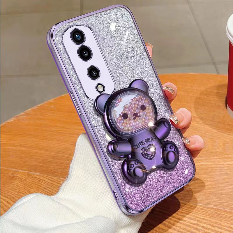 New - Transparent With Glitter Paper 2 in 1 Precision Hole Lens Phone Case (For Honor 70 Pro -5G/Honor 70 Pro+ -5G) Pearl Bear Support Protective Back Cover
