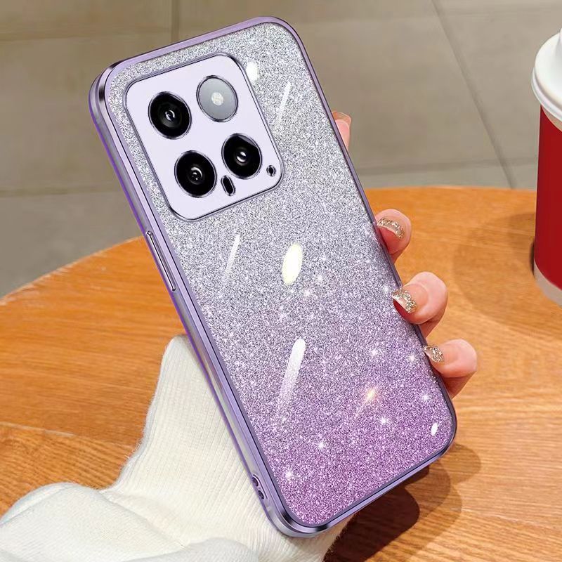 New - Transparent With Glitter Paper 2 in 1 Precision Hole Lens Phone Case (For XiaoMi 14 -5G ) Pearl Bear Support Protective Back Cover