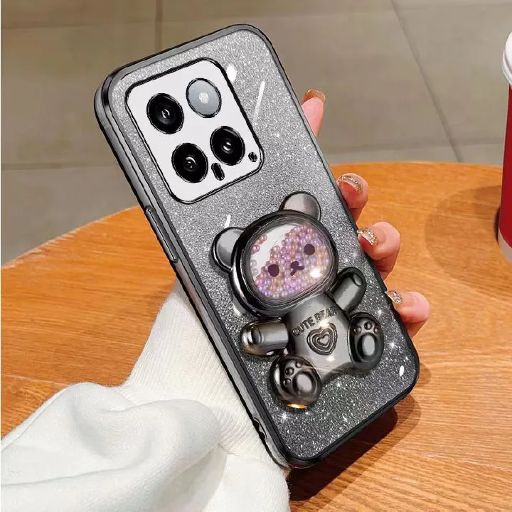 New - Transparent With Glitter Paper 2 in 1 Precision Hole Lens Phone Case (For XiaoMi 14 -5G ) Pearl Bear Support Protective Back Cover