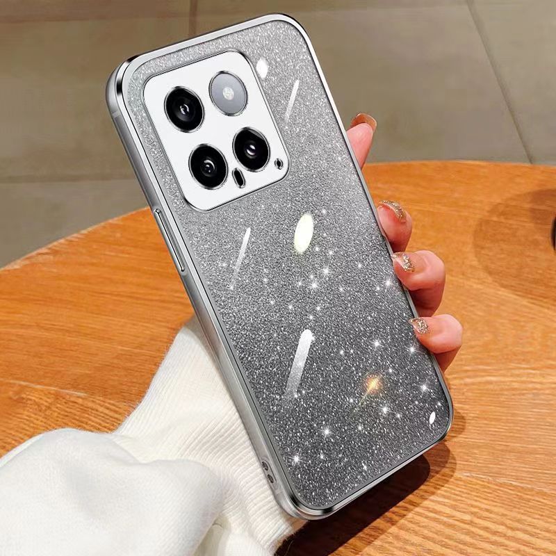 New - Transparent With Glitter Paper 2 in 1 Precision Hole Lens Phone Case (For XiaoMi 14 -5G ) Pearl Bear Support Protective Back Cover