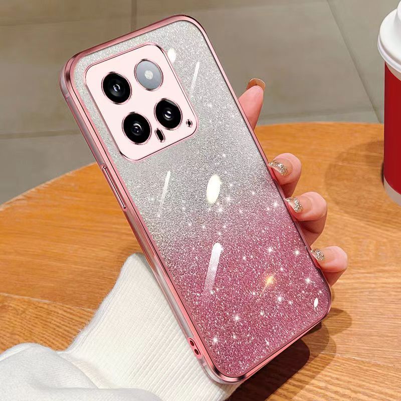 New - Transparent With Glitter Paper 2 in 1 Precision Hole Lens Phone Case (For XiaoMi 14 -5G ) Pearl Bear Support Protective Back Cover
