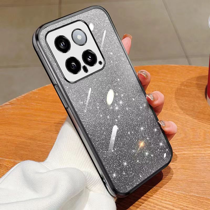 New - Transparent With Glitter Paper 2 in 1 Precision Hole Lens Phone Case (For XiaoMi 14 -5G ) Pearl Bear Support Protective Back Cover