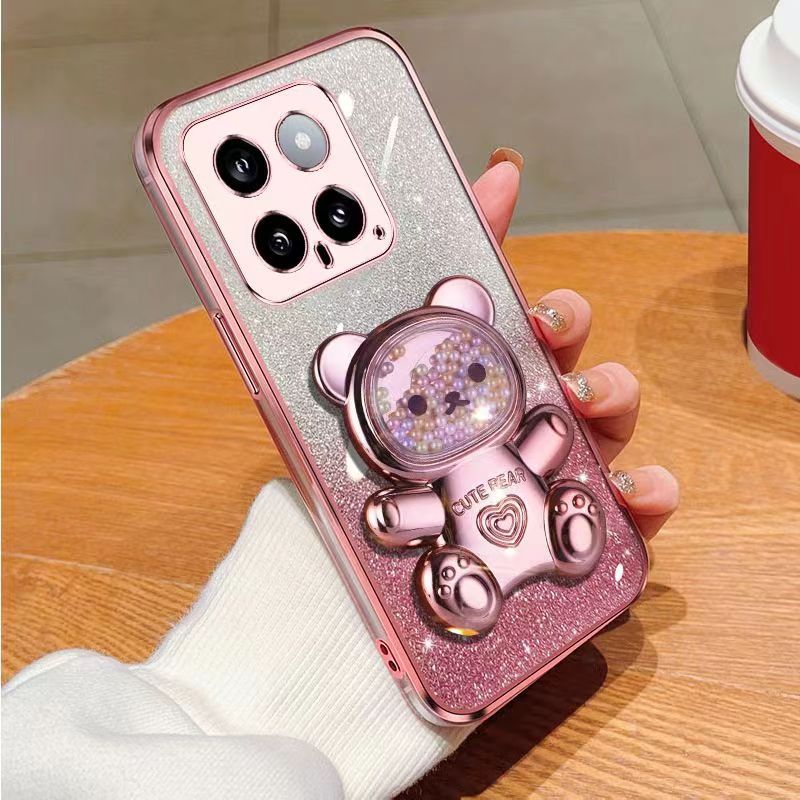 New - Transparent With Glitter Paper 2 in 1 Precision Hole Lens Phone Case (For XiaoMi 14 -5G ) Pearl Bear Support Protective Back Cover