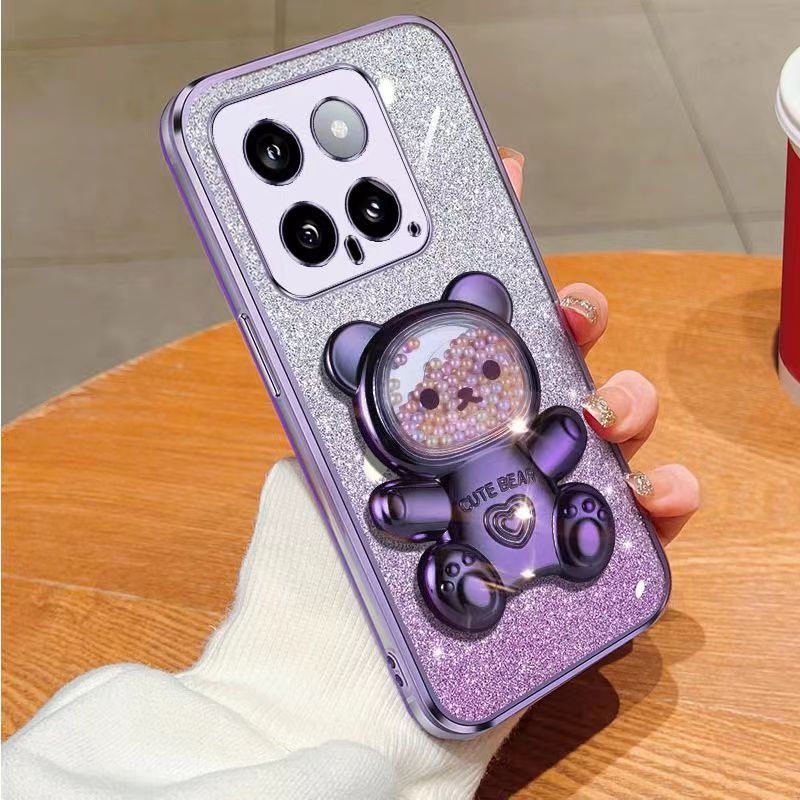 New - Transparent With Glitter Paper 2 in 1 Precision Hole Lens Phone Case (For XiaoMi 14 -5G ) Pearl Bear Support Protective Back Cover