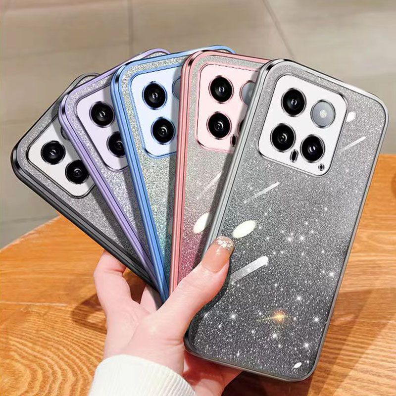 New - Transparent With Glitter Paper 2 in 1 Precision Hole Lens Phone Case (For XiaoMi 14 -5G ) Pearl Bear Support Protective Back Cover