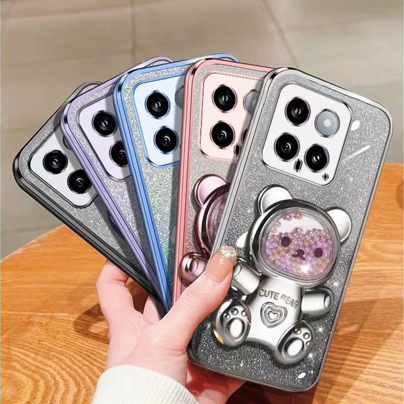 New - Transparent With Glitter Paper 2 in 1 Precision Hole Lens Phone Case (For XiaoMi 14 -5G ) Pearl Bear Support Protective Back Cover