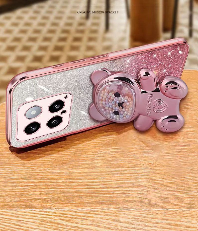 New - Transparent With Glitter Paper 2 in 1 Precision Hole Lens Phone Case (For XiaoMi 14 -5G ) Pearl Bear Support Protective Back Cover