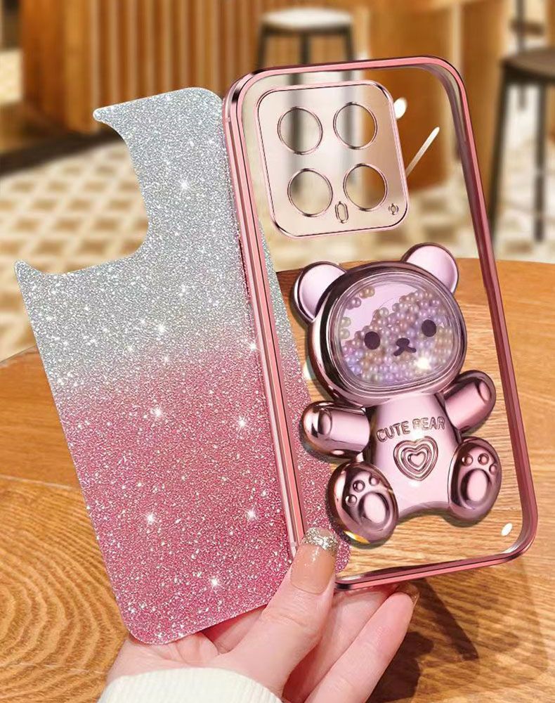 New - Transparent With Glitter Paper 2 in 1 Precision Hole Lens Phone Case (For XiaoMi 14 -5G ) Pearl Bear Support Protective Back Cover