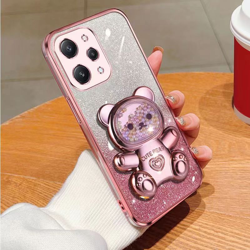 New - Transparent With Glitter Paper 2 in 1 Precision Hole Lens Phone Case (For Xiaomi Redmi 12 -4G ) Pearl Bear Support Protective Back Cover