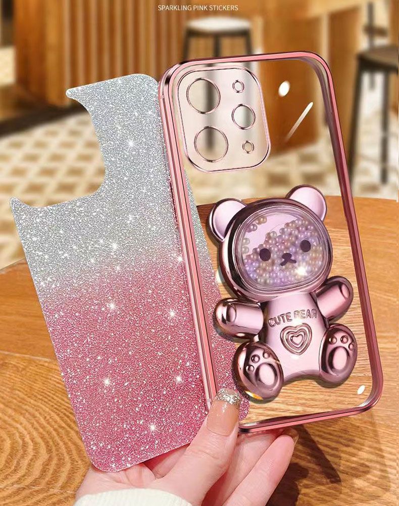 New - Transparent With Glitter Paper 2 in 1 Precision Hole Lens Phone Case (For Xiaomi Redmi 12 -4G ) Pearl Bear Support Protective Back Cover