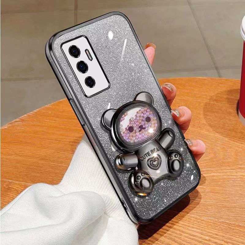 New - Transparent With Glitter Paper 2 in 1 Precision Hole Lens Phone Case (For Vivo V23e /Vivo S10e ) Pearl Bear Support Protective Back Cover