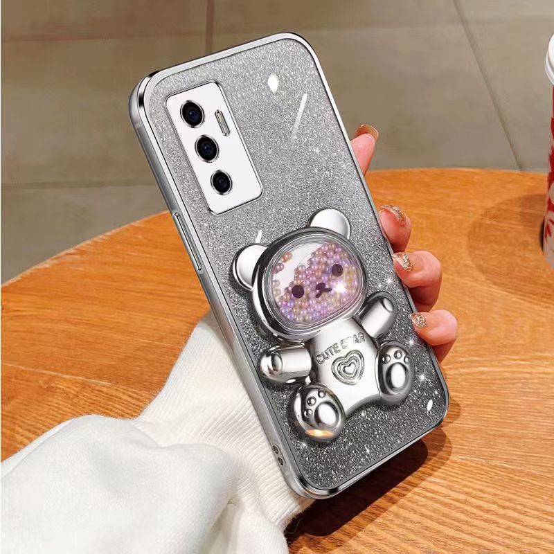 New - Transparent With Glitter Paper 2 in 1 Precision Hole Lens Phone Case (For Vivo V23e /Vivo S10e ) Pearl Bear Support Protective Back Cover