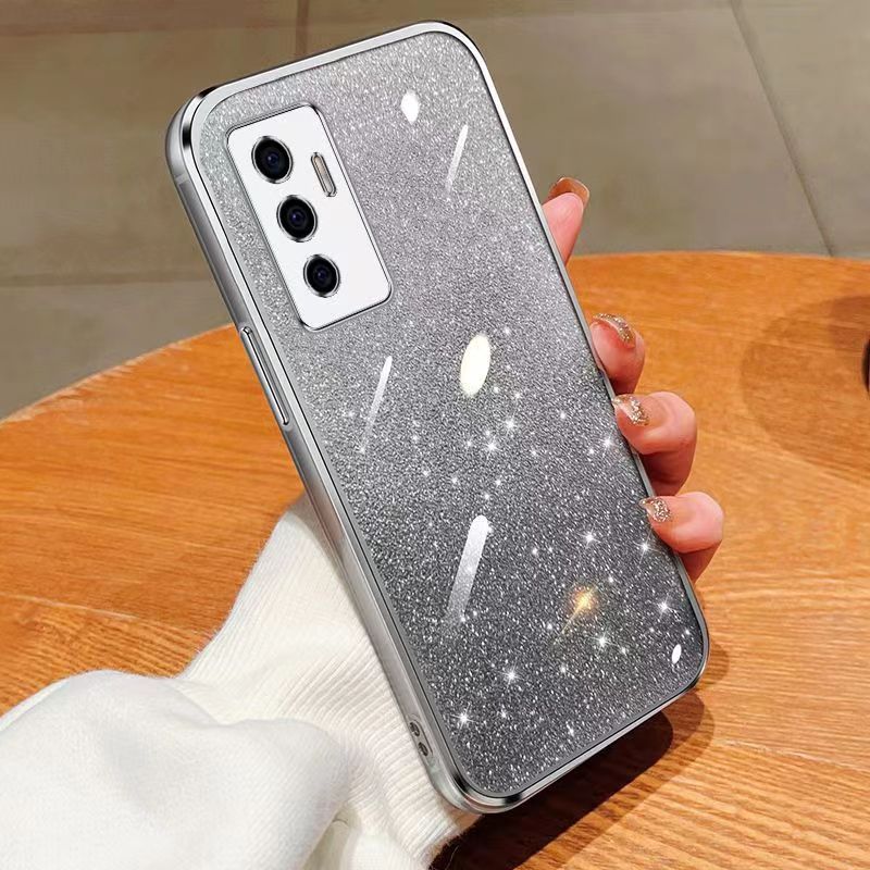 New - Transparent With Glitter Paper 2 in 1 Precision Hole Lens Phone Case (For Vivo V23e /Vivo S10e ) Pearl Bear Support Protective Back Cover