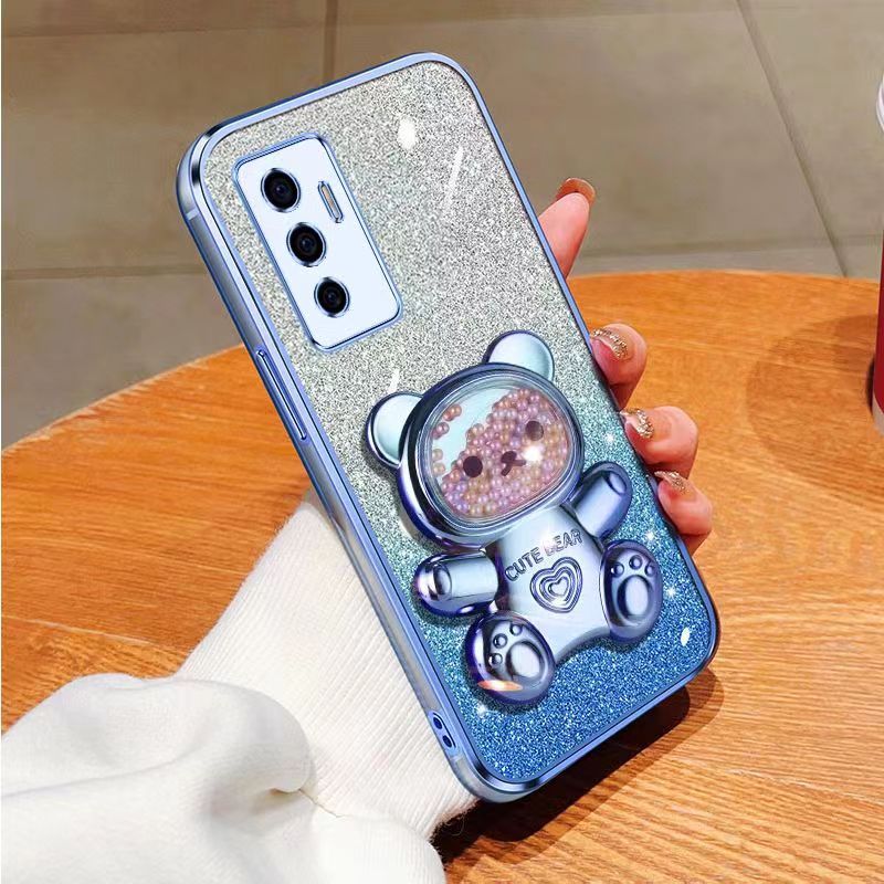 New - Transparent With Glitter Paper 2 in 1 Precision Hole Lens Phone Case (For Vivo V23e /Vivo S10e ) Pearl Bear Support Protective Back Cover