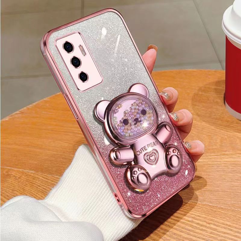 New - Transparent With Glitter Paper 2 in 1 Precision Hole Lens Phone Case (For Vivo V23e /Vivo S10e ) Pearl Bear Support Protective Back Cover
