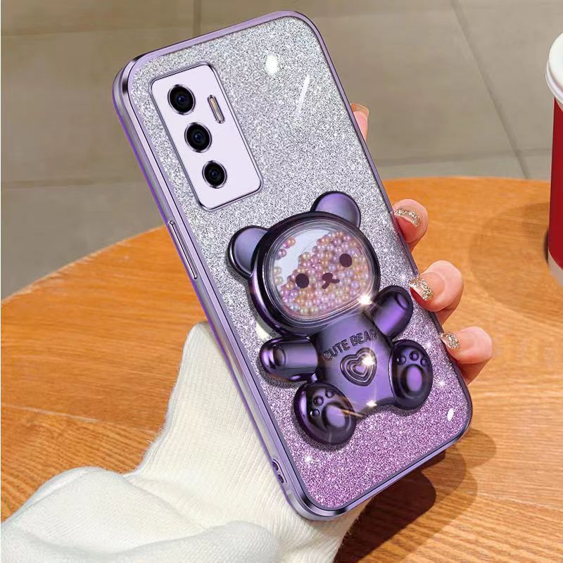 New - Transparent With Glitter Paper 2 in 1 Precision Hole Lens Phone Case (For Vivo V23e /Vivo S10e ) Pearl Bear Support Protective Back Cover