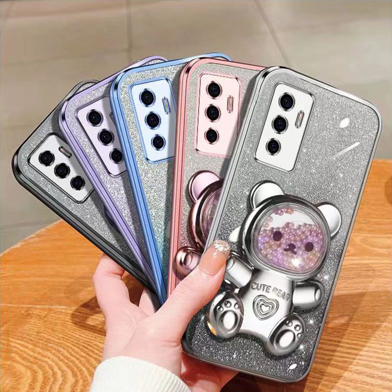 New - Transparent With Glitter Paper 2 in 1 Precision Hole Lens Phone Case (For Vivo V23e /Vivo S10e ) Pearl Bear Support Protective Back Cover