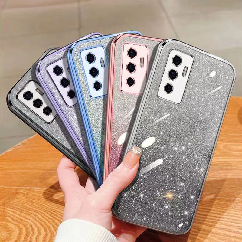 New - Transparent With Glitter Paper 2 in 1 Precision Hole Lens Phone Case (For Vivo V23e /Vivo S10e ) Pearl Bear Support Protective Back Cover
