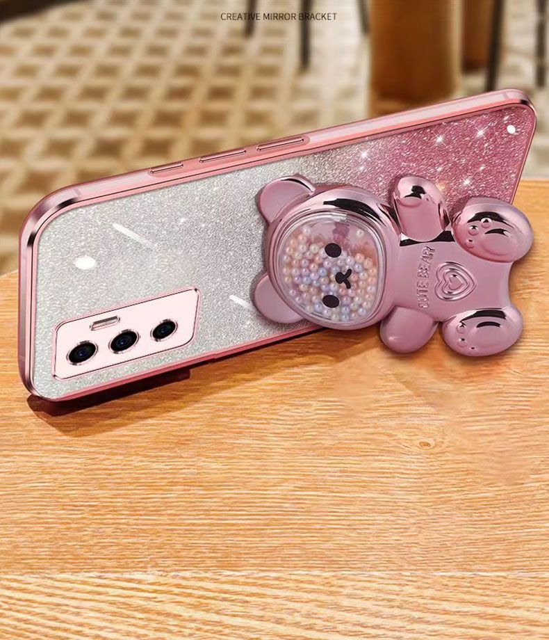 New - Transparent With Glitter Paper 2 in 1 Precision Hole Lens Phone Case (For Vivo V23e /Vivo S10e ) Pearl Bear Support Protective Back Cover