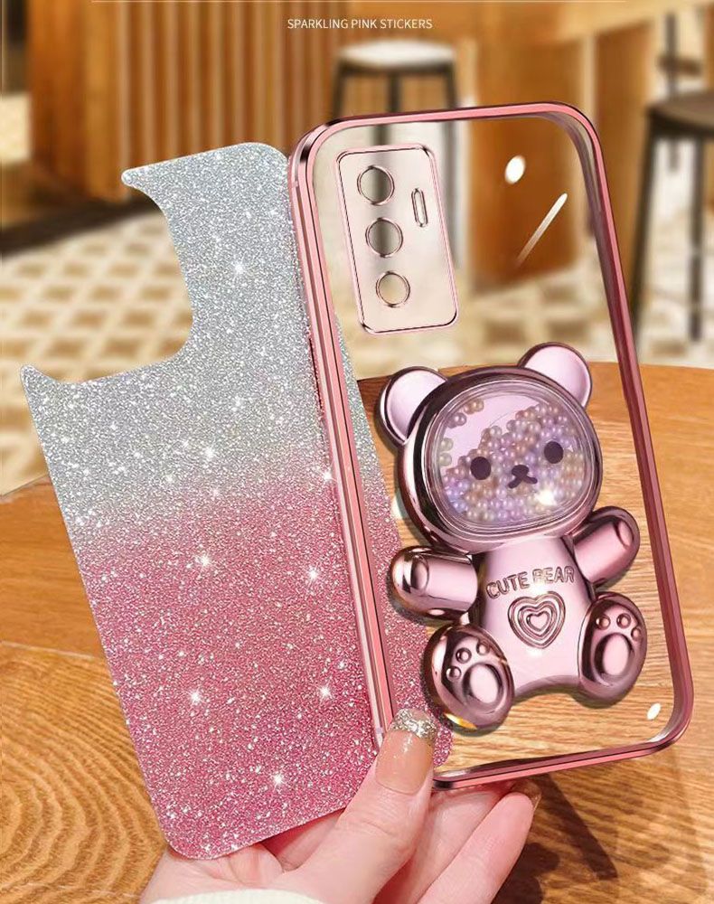 New - Transparent With Glitter Paper 2 in 1 Precision Hole Lens Phone Case (For Vivo V23e /Vivo S10e ) Pearl Bear Support Protective Back Cover
