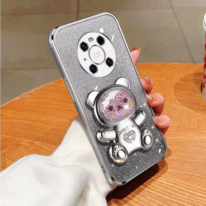 New - Transparent With Glitter Paper 2 in 1 Precision Hole Lens Phone Case (For Huawei Mate 40 Pro) Pearl Bear Support Protective Back Cover