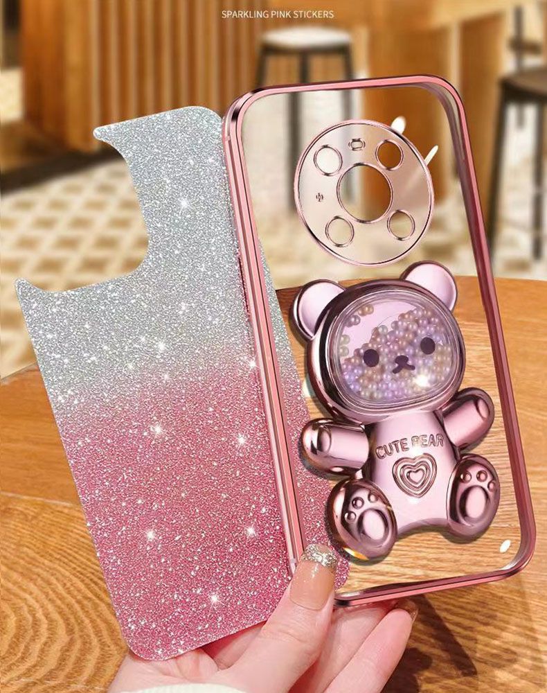 New - Transparent With Glitter Paper 2 in 1 Precision Hole Lens Phone Case (For Huawei Mate 40 Pro) Pearl Bear Support Protective Back Cover