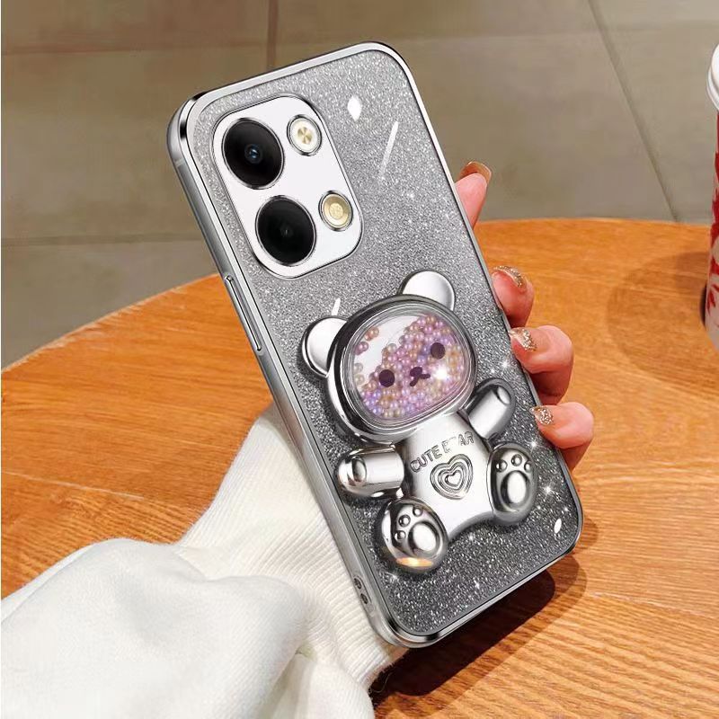 New - Transparent With Glitter Paper 2 in 1 Precision Hole Lens Phone Case (For OPPO Reno 9 -5G/Reno 9 Pro -5G) Pearl Bear Support Protective Back Cover