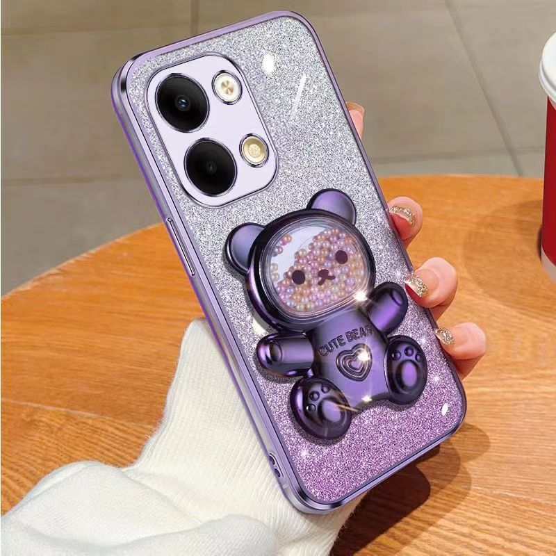 New - Transparent With Glitter Paper 2 in 1 Precision Hole Lens Phone Case (For OPPO Reno 9 -5G/Reno 9 Pro -5G) Pearl Bear Support Protective Back Cover