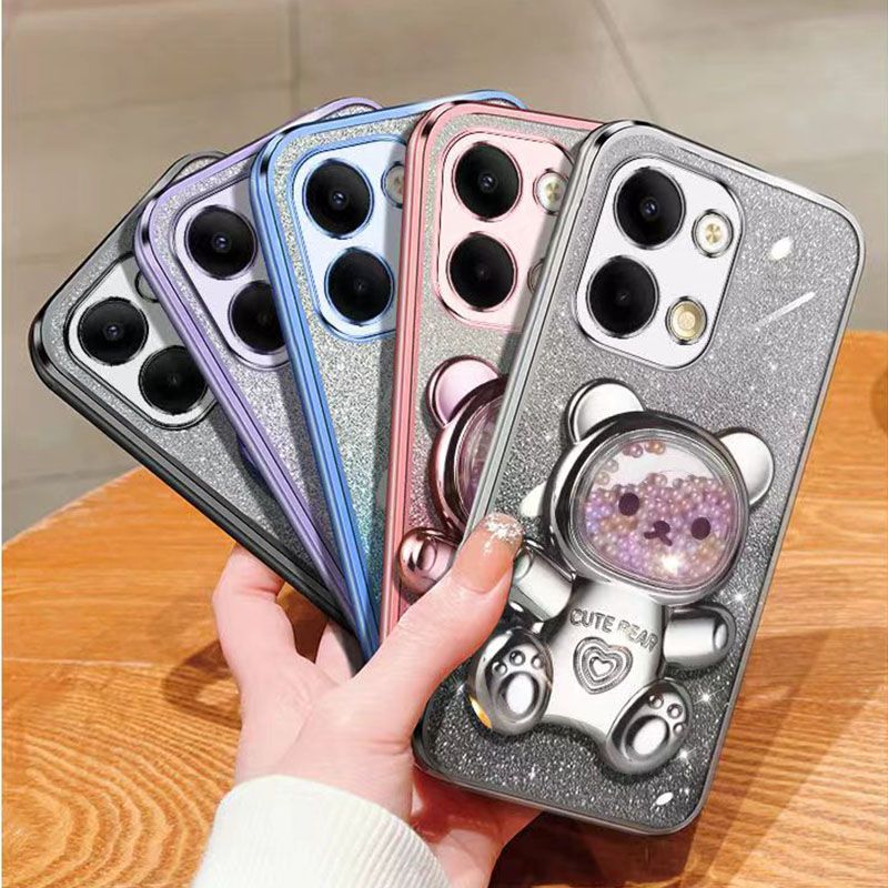 New - Transparent With Glitter Paper 2 in 1 Precision Hole Lens Phone Case (For OPPO Reno 9 -5G/Reno 9 Pro -5G) Pearl Bear Support Protective Back Cover