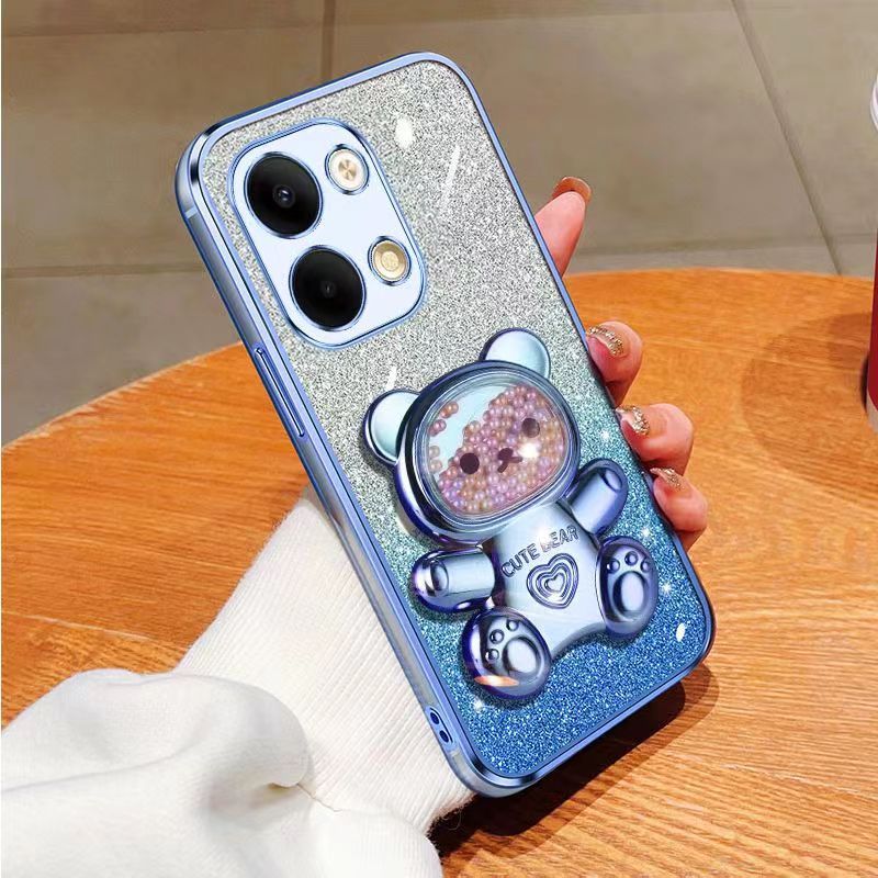 New - Transparent With Glitter Paper 2 in 1 Precision Hole Lens Phone Case (For OPPO Reno 9 -5G/Reno 9 Pro -5G) Pearl Bear Support Protective Back Cover