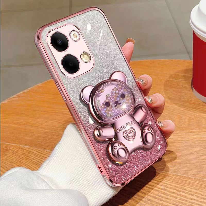 New - Transparent With Glitter Paper 2 in 1 Precision Hole Lens Phone Case (For OPPO Reno 9 -5G/Reno 9 Pro -5G) Pearl Bear Support Protective Back Cover