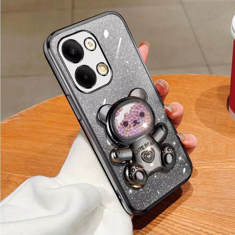 New - Transparent With Glitter Paper 2 in 1 Precision Hole Lens Phone Case (For OPPO Reno 9 -5G/Reno 9 Pro -5G) Pearl Bear Support Protective Back Cover