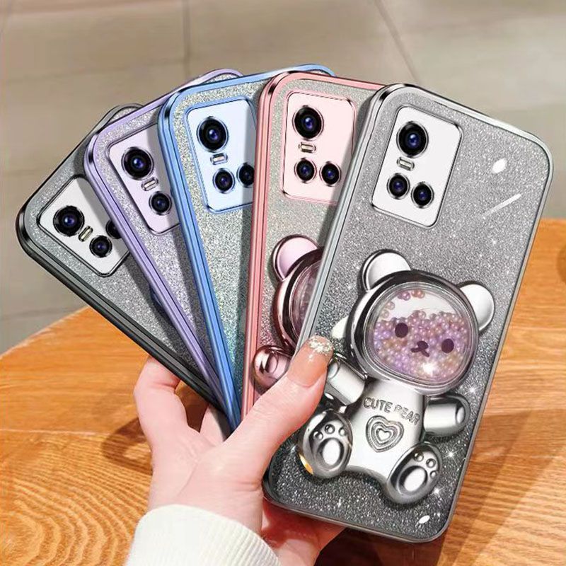 New - Transparent With Glitter Paper 2 in 1 Precision Hole Lens Phone Case (For Vivo S10) Pearl Bear Support Protective Back Cover
