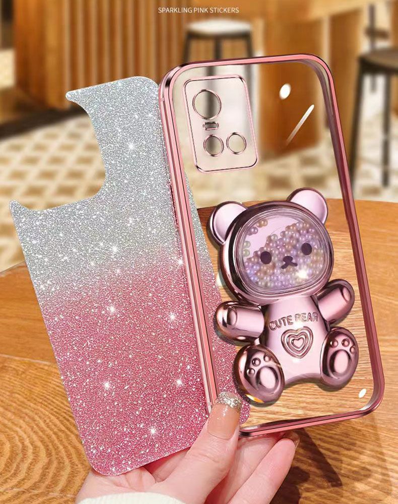 New - Transparent With Glitter Paper 2 in 1 Precision Hole Lens Phone Case (For Vivo S10) Pearl Bear Support Protective Back Cover