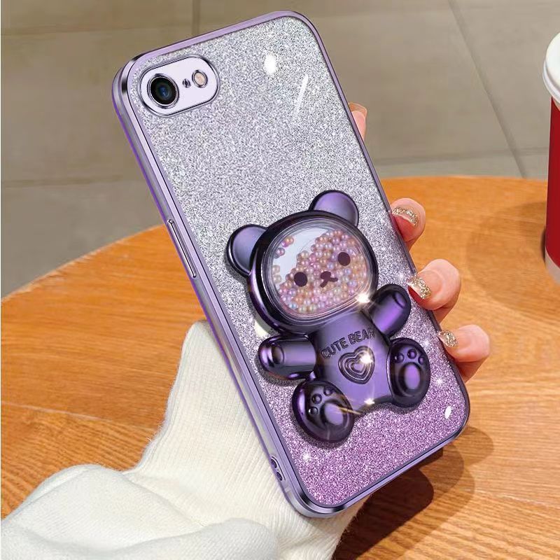 New - Transparent With Glitter Paper 2 in 1 Precision Hole Lens Phone Case (For iPhone 8 Plus/7 Plus) Pearl Bear Support Protective Back Cover