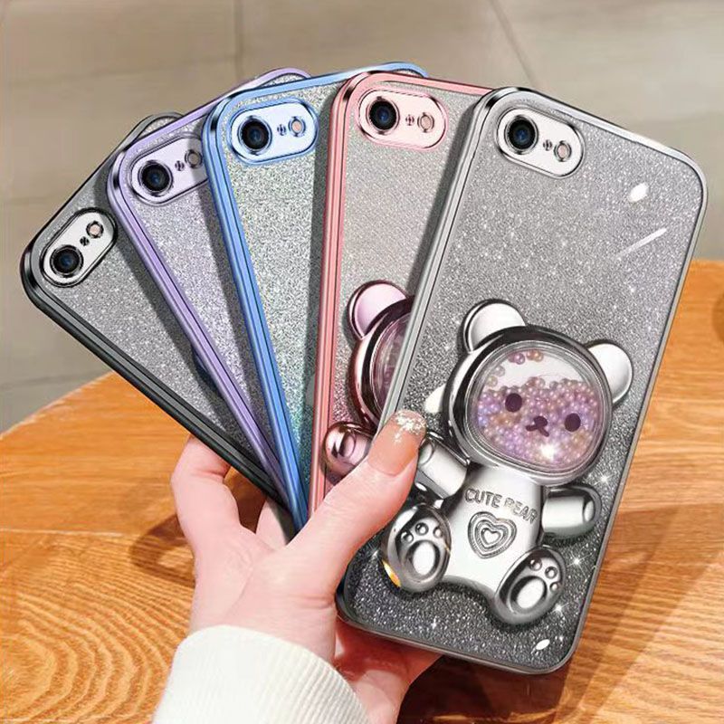 New - Transparent With Glitter Paper 2 in 1 Precision Hole Lens Phone Case (For iPhone 8 Plus/7 Plus) Pearl Bear Support Protective Back Cover