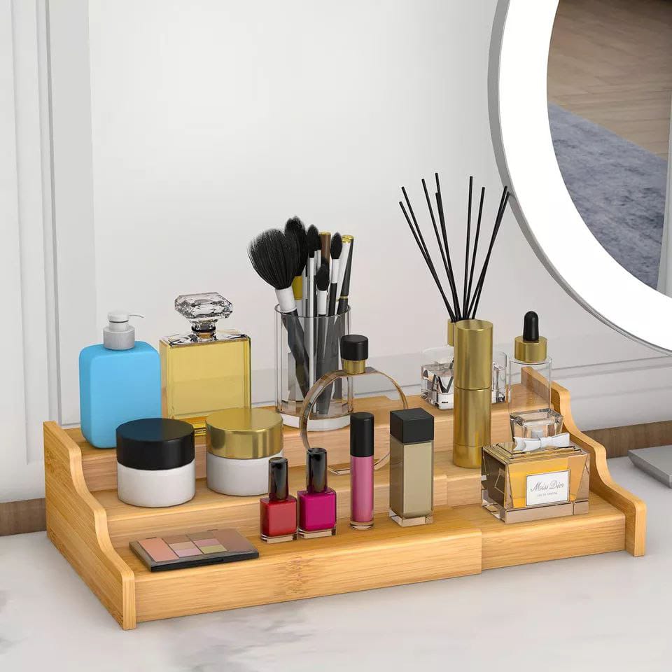 *Expandable Wooden 3-Tier Rack 

🔅 Expandable design 
🔅Made of bamboo
🔅Can fit up to several Spice jars
🔅Multipurpose Usage: kitchen,  bathroom, bedroom, etc
🔅Size: Expanded :56.5*20.4* 9.7cm ( L