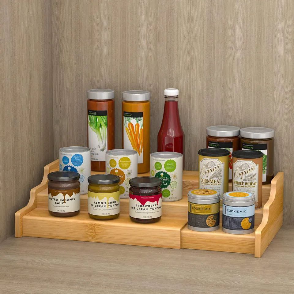 *Expandable Wooden 3-Tier Rack 

🔅 Expandable design 
🔅Made of bamboo
🔅Can fit up to several Spice jars
🔅Multipurpose Usage: kitchen,  bathroom, bedroom, etc
🔅Size: Expanded :56.5*20.4* 9.7cm ( L