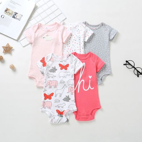 Fashion NEW ARRIVAL 5PC Pretty Cotton Short-sleeve Baby Onesies/bodysuit/sleepsuit/romper + 3 Trousers set both Girl and Boy  assorted colors