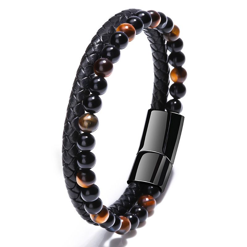 Multilayer PU Leather Beads Bracelet Men Magnetic Clasp Steel Wristband Braided Cuff Tiger-Eye Lava Rock Beaded Stone Bangle Gift for Him