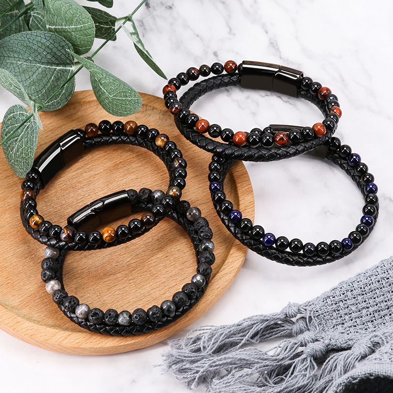 Multilayer PU Leather Beads Bracelet Men Magnetic Clasp Steel Wristband Braided Cuff Tiger-Eye Lava Rock Beaded Stone Bangle Gift for Him