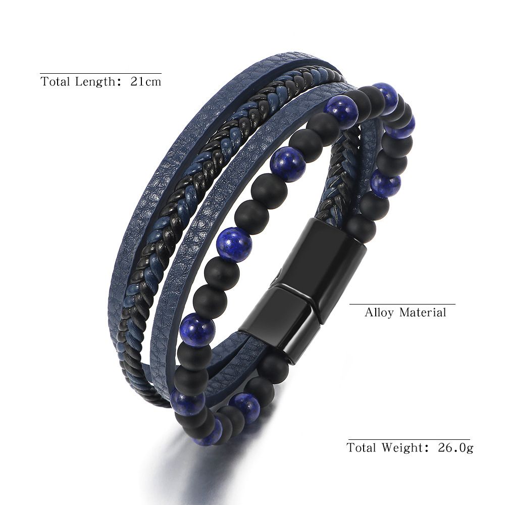 Multilayer PU Leather Beads Bracelet Men Magnetic Clasp Steel Wristband Braided Cuff Tiger-Eye Lava Rock Beaded Stone Bangle Gift for Him