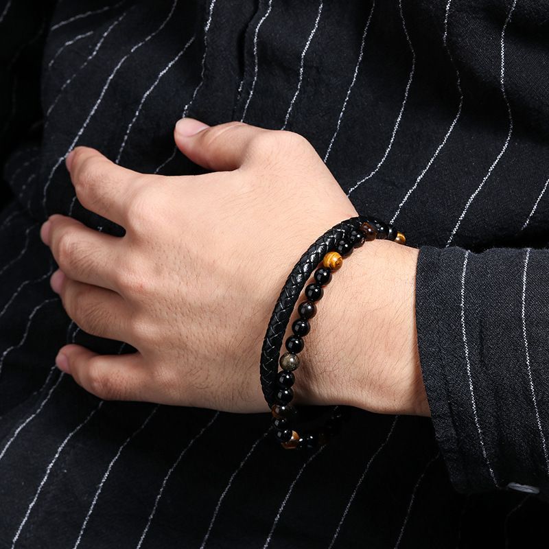 Multilayer PU Leather Beads Bracelet Men Magnetic Clasp Steel Wristband Braided Cuff Tiger-Eye Lava Rock Beaded Stone Bangle Gift for Him