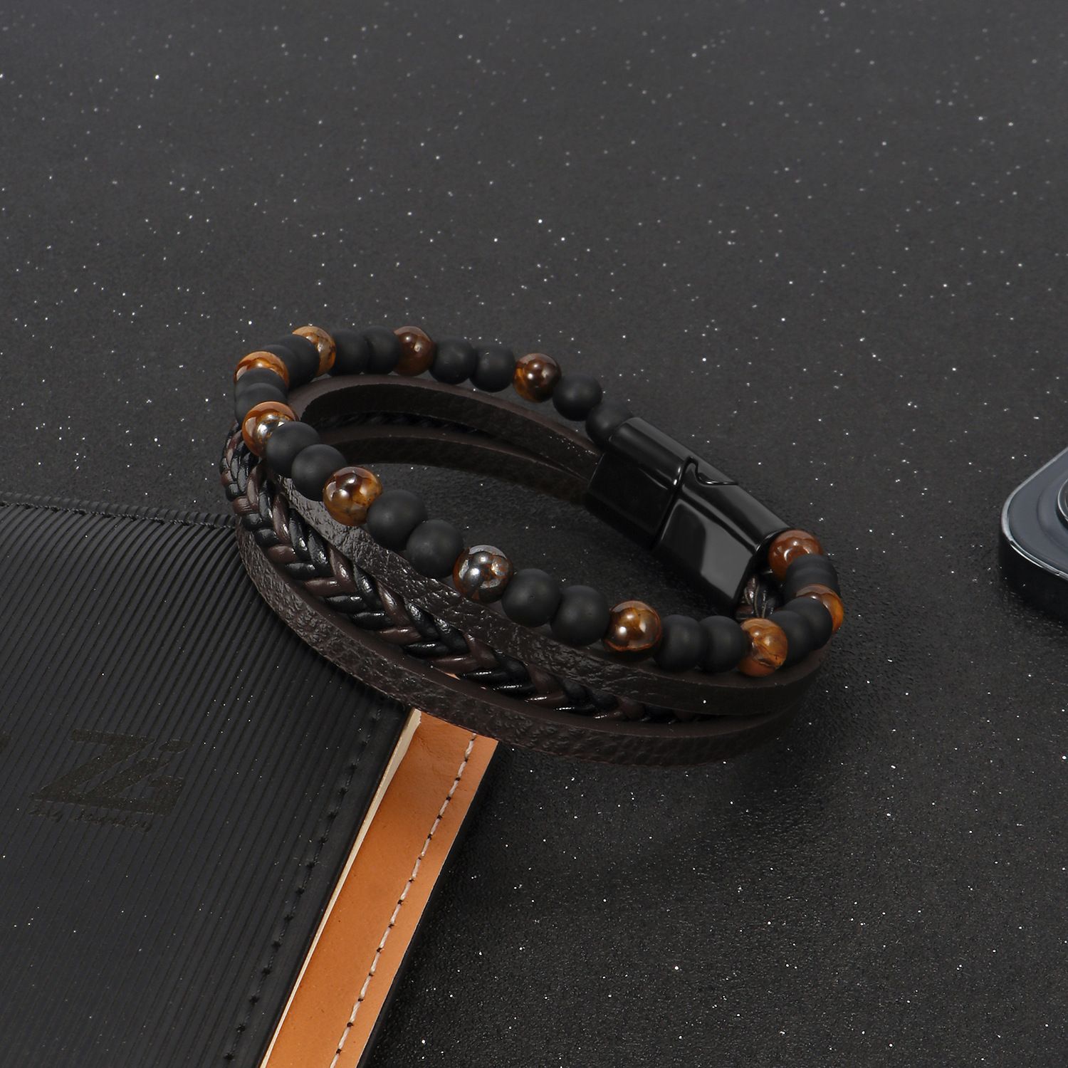 Multilayer PU Leather Beads Bracelet Men Magnetic Clasp Steel Wristband Braided Cuff Tiger-Eye Lava Rock Beaded Stone Bangle Gift for Him