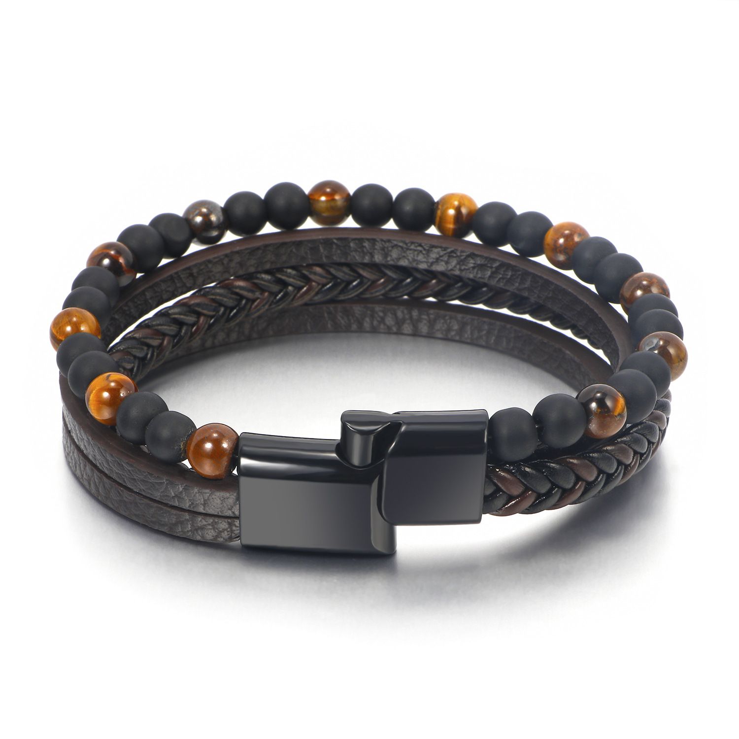 Multilayer PU Leather Beads Bracelet Men Magnetic Clasp Steel Wristband Braided Cuff Tiger-Eye Lava Rock Beaded Stone Bangle Gift for Him